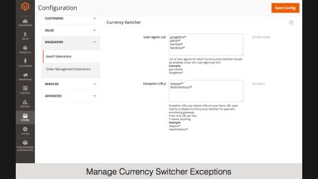 Manage Currency Switcher Exceptions,Update or Define Manually Currency Rates,Modify or Replace the Default Currency Symbols,Specify Country – Currency Relations,Update GeoIP Database on the Front-End,Currency Switching Functionality on the Front-End,