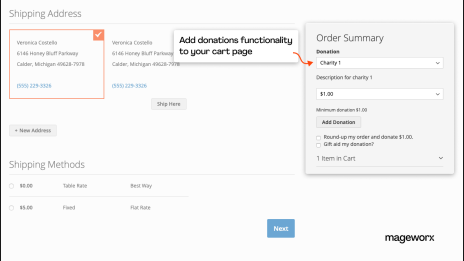 The functionality of the Magento 2 donation extension at the checkout
